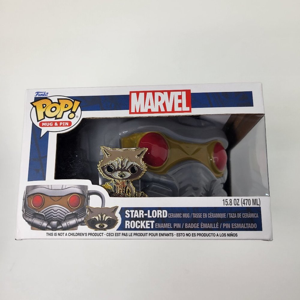 Funko Pop Marvel Star Lord Rocket Ceramic Mug & Enamel Pin Set New Coffee‎ Cup
